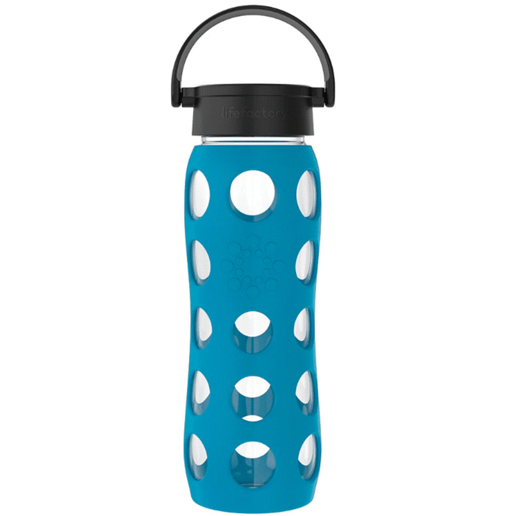 LIFEFACTORY 22 oz Glass Water Bottle With Silicone Sleeve Screw Top - TEAL Lake